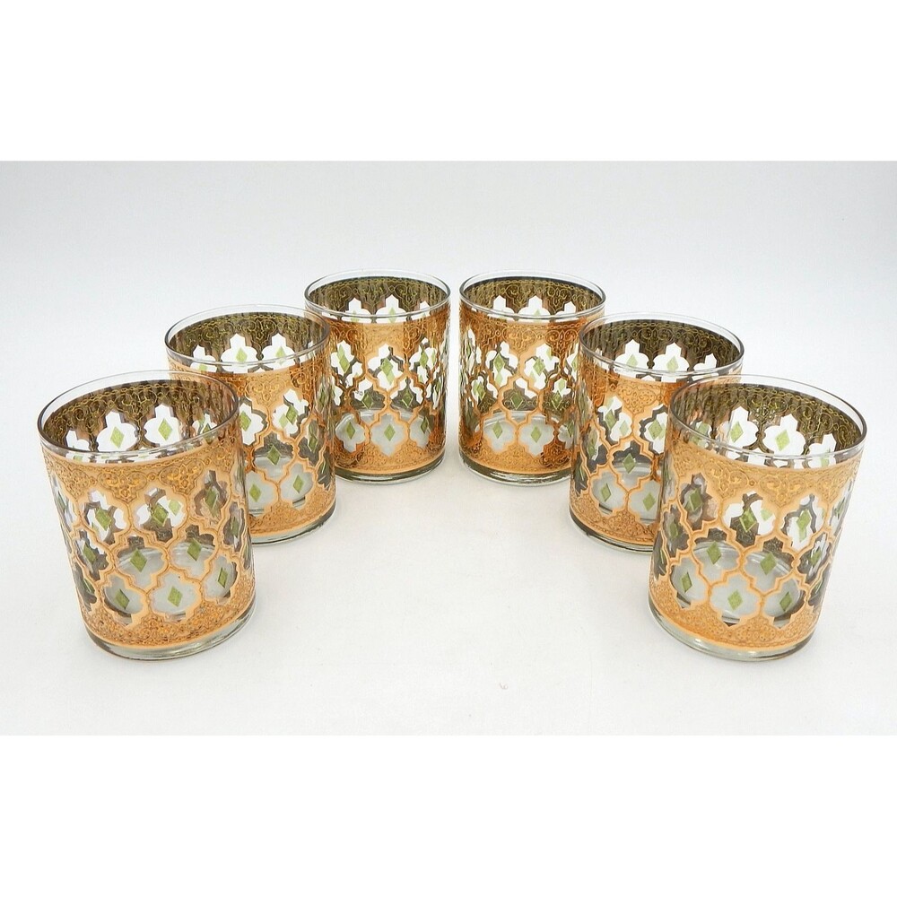 Culver Valencia 22K Gold Filigree Straight Low-Ball Glass Green Diamond Set/6